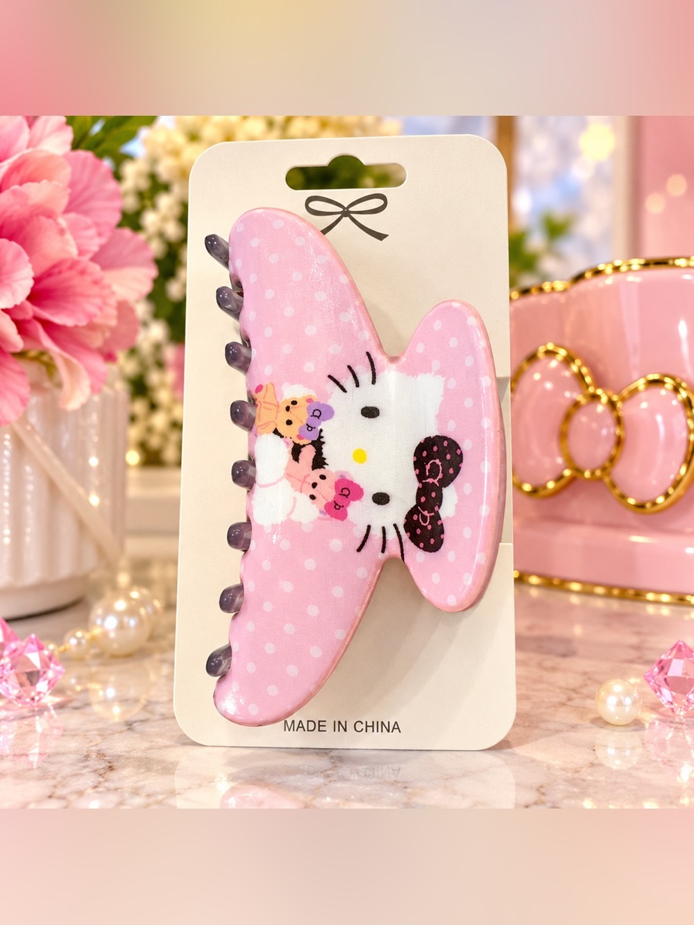 Hello Kitty Polka Dot Bear Hair Claw Clip, Pink & White 3” NWT